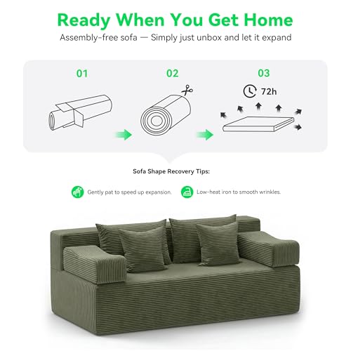 Image of MONVANE 3-Piece Boneless Loveseat Couch Set for Living Room, Oversized Modular Sectional Sofa Set with Removable Armrests, Comfy Corduroy Cloud Couch with 12 Pillows, No Assembly Required, Green