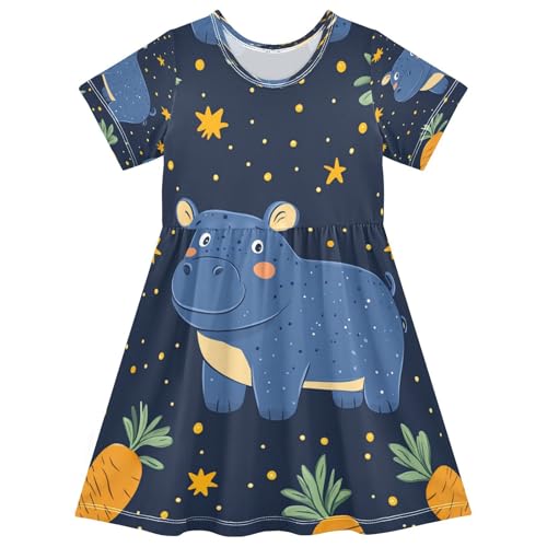 Girls Summer Dress Short Sleeve A Line Blue Hippo Orange Carrots Casual Dresses for Kids 2-8 Years