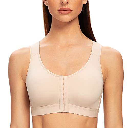 Meleneca Women's Front Closure Wirefree Post Surgery Plus Size Back Support Posture Bra Beige 46E #TOP1