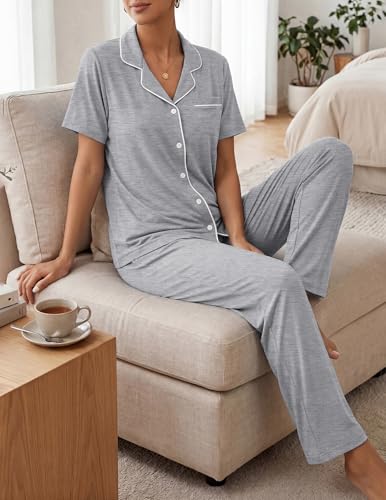 Image of ZMJ Womens Pajamas Sets 2 Piece Button Up Pj Sets Short Sleeve with Long Pant