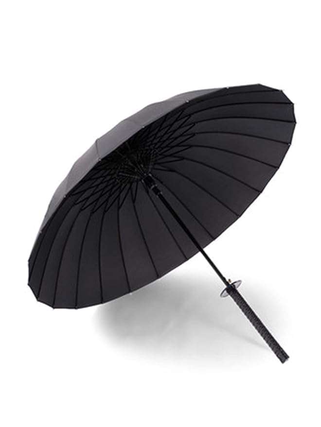 Image of Lightweight Japanese Samurai Long Handle Automatic Compact Umbrella - Windproof and Rainproof for Travel - Black