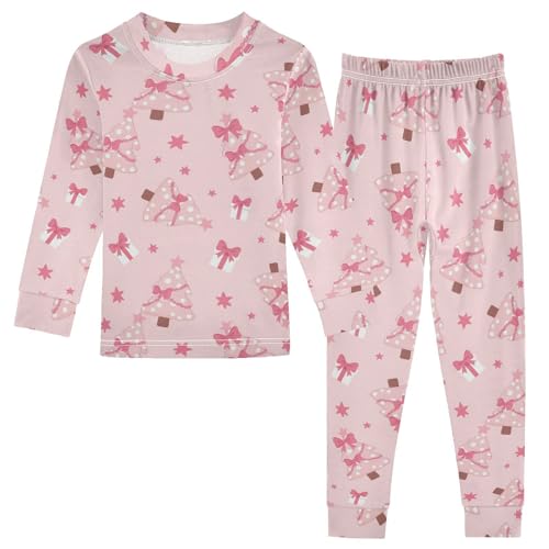 Pajama Sets Long Sleeve Christmas Trees with Pink Bows Soft Comfy Sleepwear 2 Piece PJS 3-8T
