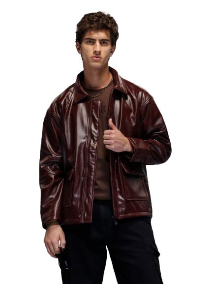 wrogn Men's Relaxed Fit Collared PU Jacket | Wine-picture-14