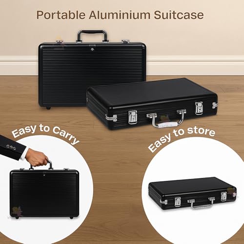 Image of WISHKEY Black Casino Style Poker Set, 300 Pcs Ceramic Printed Denomination Chips with Lockable Aluminum Finish Case 2 Decks of Cards 5 Dice 1 Dealer Button 2 Keys Classic Multiplayer Game, 14+ Years