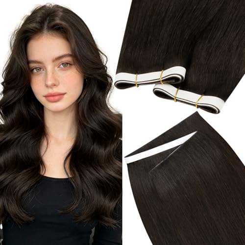 Image of LaaVoo Long Weft Tape in Hair Extensions Human Hair Genius Tape Extesnions Brown Human Hair Tape on Weft Extensions for Women 24inch 50G