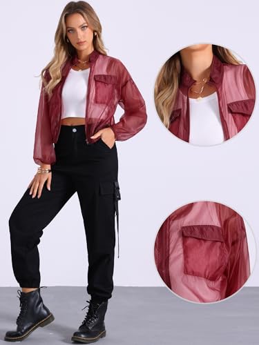 Allegra K Sheer Bomber Jacket for Women's Zip Up Long Sleeve See Through Jackets2