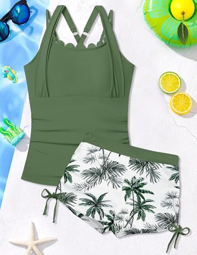 Image of Girls Swimsuit 2 Piece Halterneck Cross Straps Girls Tankini Top Drawstring Prints Shorts Bathing Suit for Teens 9-16Y