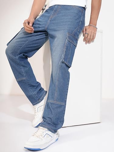 Image of Highlander Men's Relaxed-Fit Cargo Pocket Jeans | Clean Look | Cotton Comfort | Utility Style| Cargo Jeans for Man