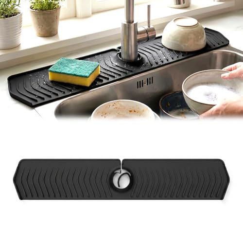 Image of Kitchen Sink Faucet Mat, 2025 New Foldable Faucet Mat for Kitchen Sink, 30in Silicone Faucet Guard & Draining Mat Keep Countertops Dry Splash Guard (Black, 30in)