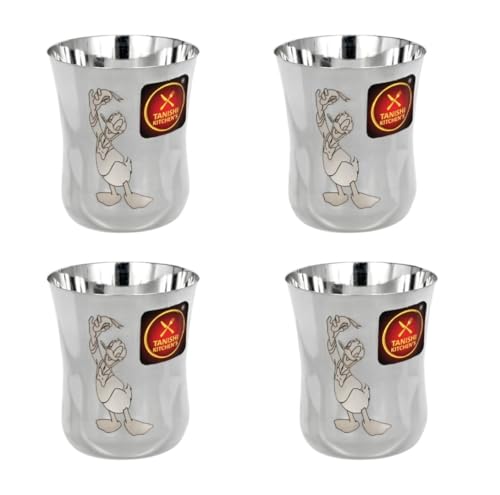 Image of TANISHI KITCHEN'S Stainless Steel Donald Duck Design Glasses for Kids | Set of 4 Water /Milk Tumblers | 100 ml Each | Cartoon Printed Drinking Glass for Toddlers & Children | Unbreakable & BPA-Free