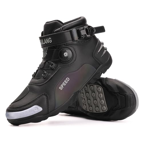 FHQGZT Motorrad Schuhe Herren Motorradschuhe Schwarz Motocross Kurze Stiefeletten Wasserdichtes Leder Belüftet, Motorradstiefel Protektoren Offroad Stiefel Rennsportstiefel (Black,47 EU)