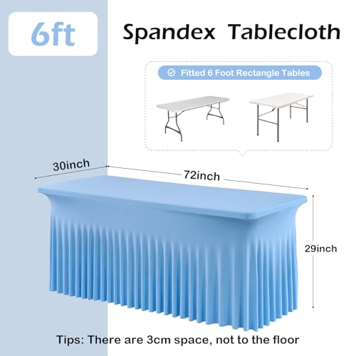 Image of 4 pk Baby Blue Spandex Tablecloth 6ft with Ruffle Skirt, Wrinkle Free High Stretch Fitted Tablecloths for 6 Foot Rectangle Tables, Blue Eastic Spandex Table Covers 6ft for Parties Banquet Weddings