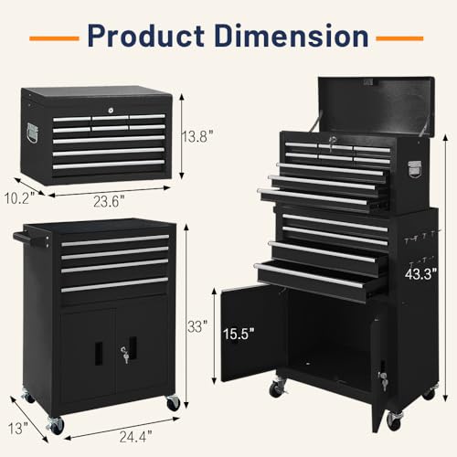 13-Drawer Double Door Rolling Tool Chest, 2 in 1 Detachable Tool Chest,Tool Box with Drawers and Wheels, Large Tool Cabinet with Lock, Metal Standing Toolbox for Garage Workshop-Black - Image 4