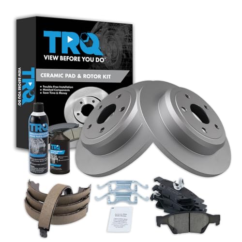 Image of TRQ Rear Brake Pad & Rotor Kit, with Chemical Kit Parking Brake Shoe Set Ceramic Premium G-Coated Compatible with 2011-2019 Dodge Durango Jeep Grand Cherokee