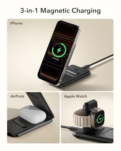 Image of ESR 3 in 1 Charging Station for Apple, [Certified] Apple Watch Charger & 15W MagSafe Charger Stand for iPhone, Travel Charger for Multiple Devices, iPhone 17-12, Watch & AirPods, Black