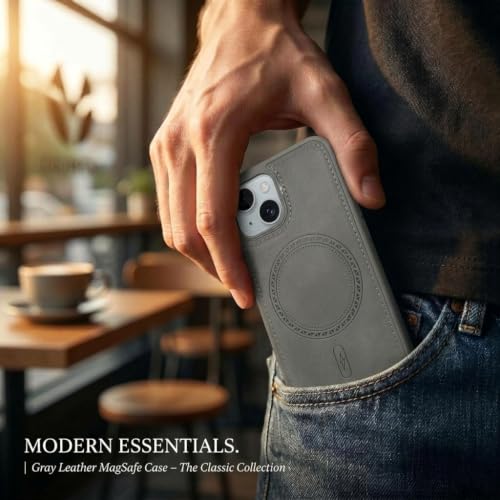 Image of amazon basics Premium PU Leather Case for iPhone 12, MagSafe Compatible Magnetic Ring, Sleek Protective Back Cover - [Gray]