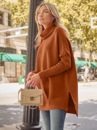Image of LILLUSORY Women's Turtleneck Oversized Sweaters Long Batwing Sleeve Spilt Hem Tunic Pullover Knit Tops