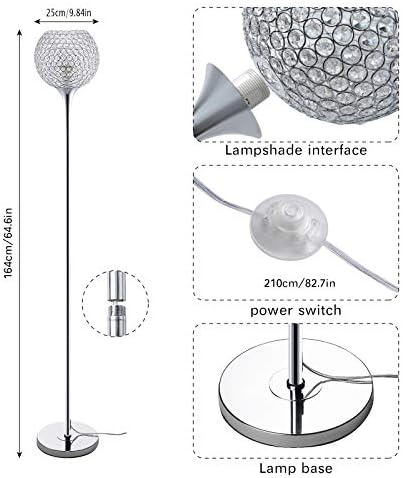 WANGIRL Led Floor Lamps for Living Room Modern Chrome Finish Silver Crystal Floor Lamp with E27 Bulb Base and Foot Switch Floor Standing Reading Lamps Tall Lamp for Bedroom