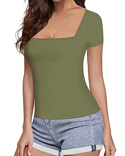 Image of MANGOPOP Womens Short Sleeve Square Neck T Shirts Tops Fitted Tees(Army Green, Medium), Green, Medium