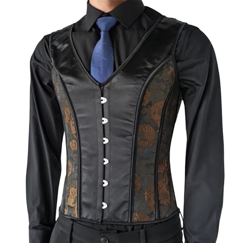 Men Corset Vest Dress Waistcoat Vintage Brown Print Lace Up Bones Waist Trainer 6 Buckles Tight Tops Party Stage4