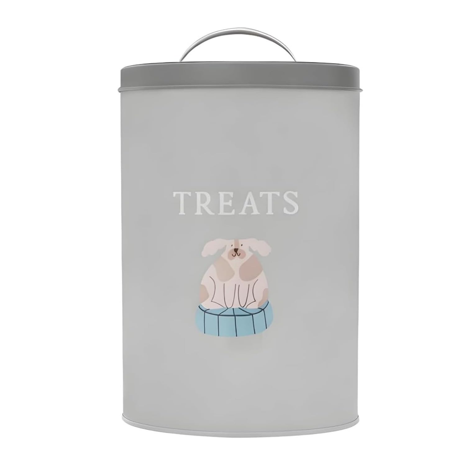 UNIQUE HOME LIVING Metal Dog Food Storage Tin, 2.5L Round Grey Dry Pet Treats Container with Easy Lift?Off Lid and Handle, Decorative Dog Print Treat Canister