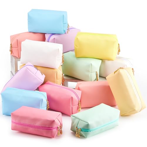 Kigeli 15 Pcs Aesthetic Makeup Bags PU Leather Cosmetic Pouches Waterproof Plain Toiletry Bags Makeup Pouches Bulk for Women Party Gift Travel Storage Organizer(Vivid Color)