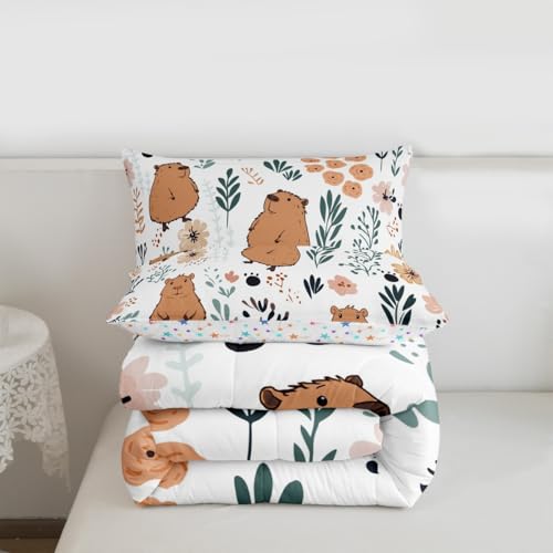 Image of Feelyou Capybara Bedding Set Queen Size, Cute Capybara Comforter Set for Kids, Toddler, 3 Pieces, Multicolor, Microfiber, Modern Animal Theme
