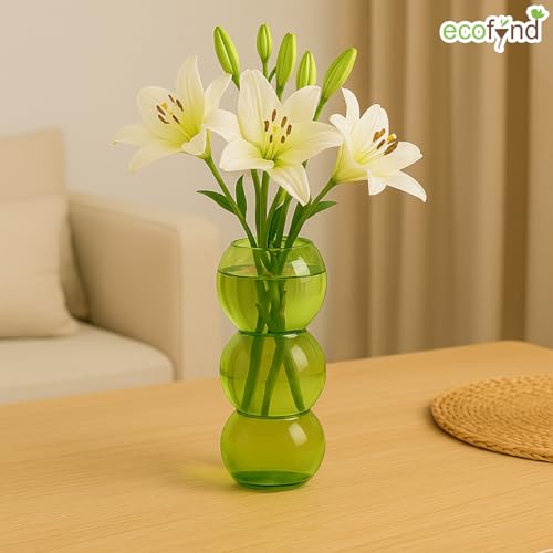Image of ecofynd 9 Inches Glass Vase for Flowers Plants, Modern Decorative Vase for Home Decor Center Table, Bedroom, Living Room, Office Decoration, Wedding or Gifts, Luster Glass Vase, (GVASE020-GRN-07)