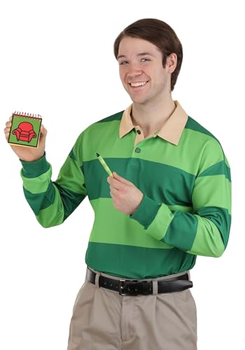 Adult Blues Clues Steve Costume with Iconic Green Striped Shirt Notepad and Crayon for Halloween Cosplay Fun Large