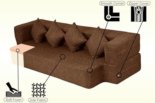 Image of Rosebell Flipper 3 Seater | 70 X 46 X 9 | Foldable Sofa Cum Bed with Washable Fabric Four Cushions for Living Room - Brown
