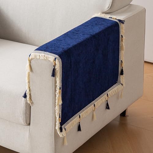 Image of HOKIPO 'Serenity Tassel' Chenille Sofa Arm Cover with Tassels - 1 Pair | Sapphire Navy (IN-893-NBL*2)