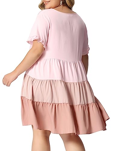 Image of Agnes Orinda Women's Plus Size Babydoll Ruffle Short Sleeve Casual Loose Flowy Swing Hem Chambray V Neck Mini Dress