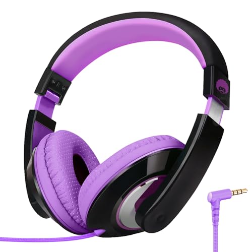 RockPapa Auriculares Niños, Auriculares con Cable Infantil, Ajustable, Conector de 3,5 mm, Sonido Estéreo, Over Ear Cascos Niño para Escuela/Tableta/Viaje/Teléfonos, Negro Púrpura