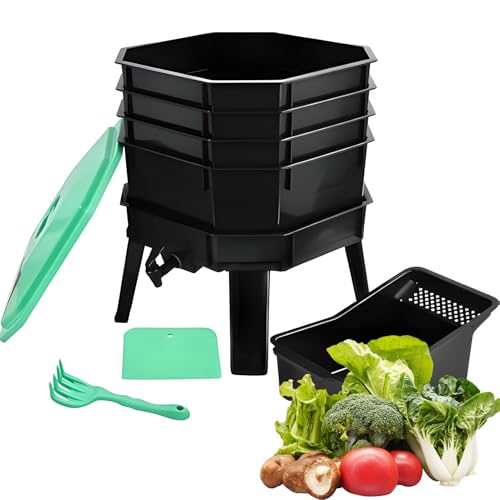 Kit de compostaje de gusanos – Contenedor de abono de jardín con bandejas extraíbles, ventilación de malla y grifo de base para un reciclaje eficiente de residuos al aire libre