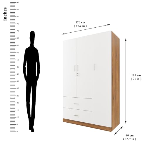 Image of VIKI Wardrobe | Wooden Almirah for Clothes,Door for Bedroom, 3 Door Wardrobe with Drawer & Hanging Space (Walnut & White - 40D x 120W x 180H) | 1 Year Warranty | Free Assembly
