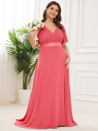 Image of Ever-Pretty Women's Chiffon Formal Evening Dresses for Curvy Women V-Neck Plus Size Floor Length Bridesmaid Dress Coral 24