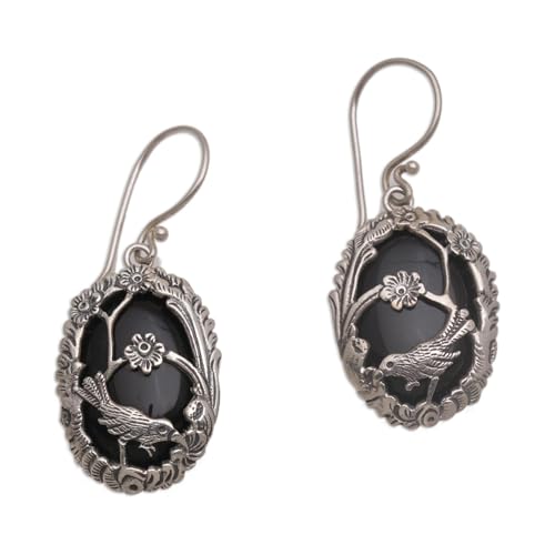 NOVICA Artisan Handmade Onyx Dangle Earrings 925 Silver Birdthemed from Bali Sterling Indonesia Nature Floral Birthstone [1.5 in H x 0.7 in W x 0.2 in D] ' Avian Curiosity'
