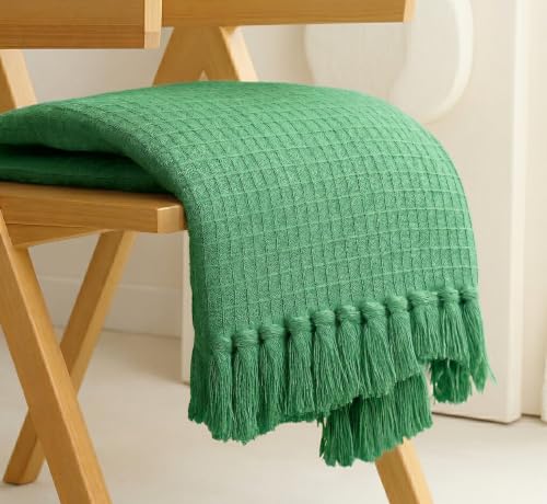 Image of Furnistitchs Bohemian Cotton Sofa Throw Blanket 50x60 inches | Waffle Knit & Chevron Pattern with Fringes | Aesthetic Decorative Couch Throw for Living Room & Bedroom (Forest Green)