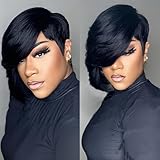 PurpleSexy 10A Side Part Pixie Cut Wigs for Black Women Natural 1B Color Short Layered Pixie Cut Human Hair Wig With Bangs Glueless Chic Elegent Thick and Full Wear and Go Wig