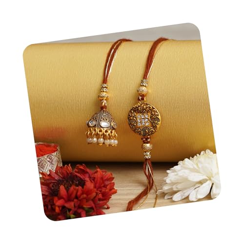 Image of eCraftIndia Designer Bhaiya Bhabhi Rakhis with Roli Chawal Pack and Raksha Bandhan Greeting Card - Rakhi for Brother, Bhaiya, Bhai