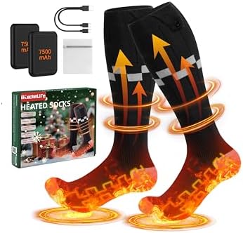 Heated Socks 7500mAh*2 Rechargeable Battery, Electric Heated Socks with 4 Adjustable Heating Settings Up to 14 Hours Foot Warmer for Winter Skiing Hunting Camping Hiking Fishing Cycling Outdoor Work