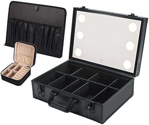 ZVMTTOY Large Makeup Train Case with Mirror and Light & Jewelry Box, Professional Makeup Travel Case with Makeup Brushes Organizer Adjustable Dividers, Rechargeable, Waterproof (23.6 Inch Capacity)