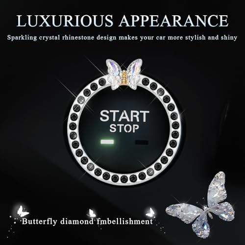 Image of DXNQ Bling Ring Emblem, Sparkling Butterfly Car Buttons and Knobs Ring, Girly Butterfly Diamond Car Engine Start Button Cover, Key Ignition Knob Rings Decoration for Women (Black, Single Row)