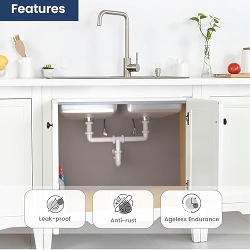 Image of ELEGANT CASA Double Bowl Sink Plastic Drain Out Pipe - White - Polypropylene - Adjustable Length 575mm (23'') - 425mm (17'') & Thread 40mm (1-1 /2″) & 32mm (1-1 /4″)