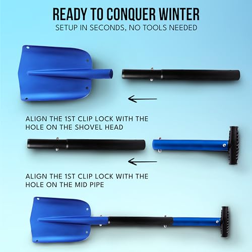 Image of EcoNour 32 inch Multipurpose Snow Shovel for Car Driveway Lightweight Aluminum | Shovel for Snow, Sand, and Garden Use | Heavy-Duty, Foldable 3-Piece Shovel for Car, Home, and Outdoors (Blue)