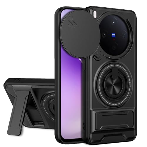 Image of AESTMO Vivo X300 5G Back Cover | Armor Camera Slider 360 Degree Rotating Finger Ring Holder Case with Bracket Stand Back Case Cover for Vivo X300 5G (Compatible with MagSafe Wireless Charging)(Black)