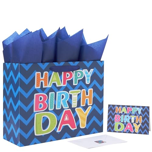 Qirrmiy 13 Large Blue Gift Bag Set with Greeting Card and White Tissue Papers (Laser Foil Happy Birthday) for Mens Birthday Party Boys or Kids Parties Baby Boy - 13x5.2x10.2 1 Pcs.