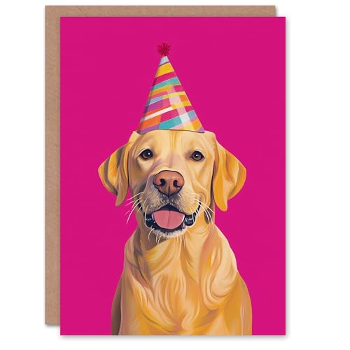 Artery8 Birthday Card Yellow Labrador Retriever Dog Party Hat Hot Pink