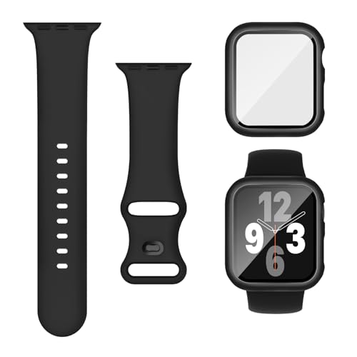 Joehwerr 3-in-1 Compatible for Apple Watch Straps 44mm with Case & Screen Protector, Silicone Sport Strap and Protective Cover with 9H Tempered Glass for iWatch Series 6/5/4/SE3, Black