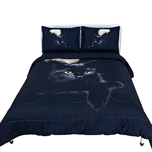 Aitazz Black Cat Comforter Set,3D Cartoon Cat Comforter Twin,Animals Print Bedding Set For Kids Girls Boys Cat Quilt Set With 1 Comforter And 2 Pillow Cases Bedroom Decor #TOP5